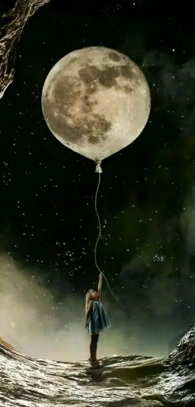 Girl holds moon balloon in fantasy night scene wallpaper.