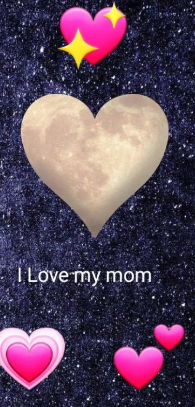 I Love My Mom wallpaper with moon heart and pink hearts.