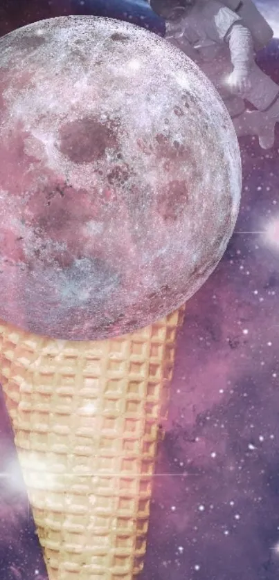 Surreal mobile wallpaper with moon ice cream and astronaut in space.