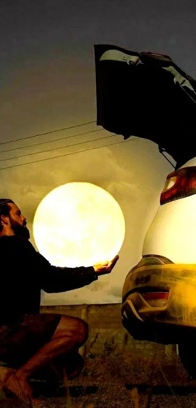 Person holding glowing moon near car in night scene.