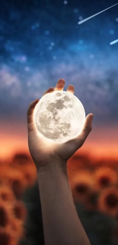 A hand holding a glowing moon against a starry sky and sunflower field.