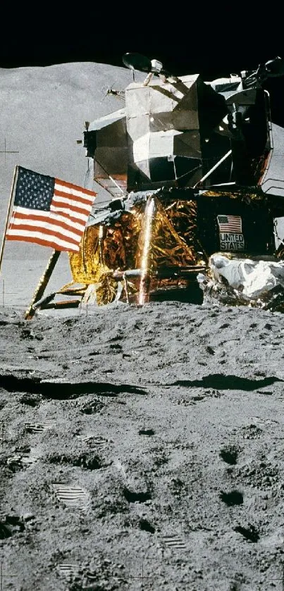 Lunar module and flag on the Moon surface.