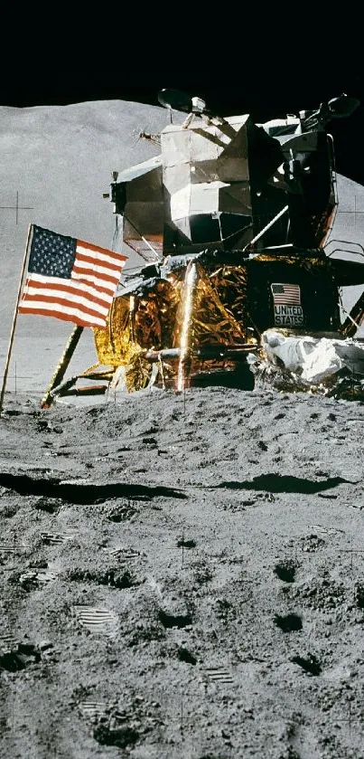 Astronaut with lunar module on moon surface.
