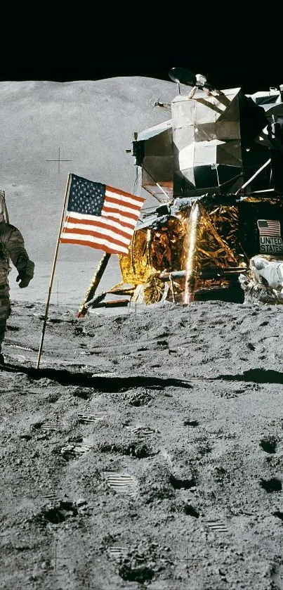 Apollo astronaut on the moon with flag.