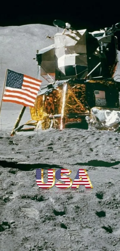 Moon landing wallpaper with lunar module and American flag.