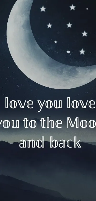 Romantic crescent moon night wallpaper with love quote.