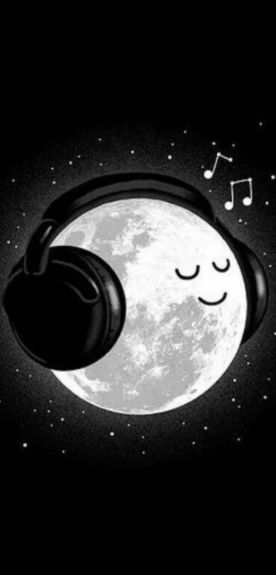 Whimsical moon with headphones in starry night wallpaper.