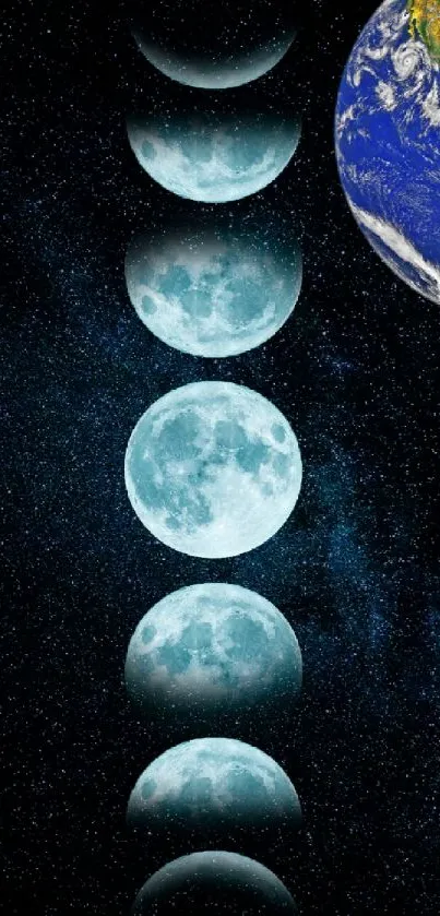 A wallpaper displaying moon phases with planets and a starry galaxy background.