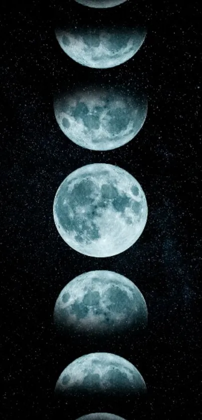 Mobile wallpaper featuring moon phases against a dark starry background. Enchanting and cosmic.