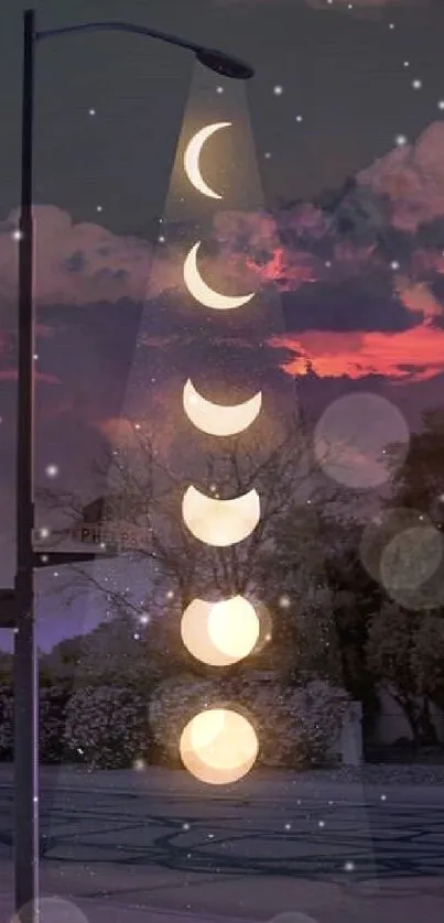 Artwork of moon phases with streetlight against a vibrant sky.