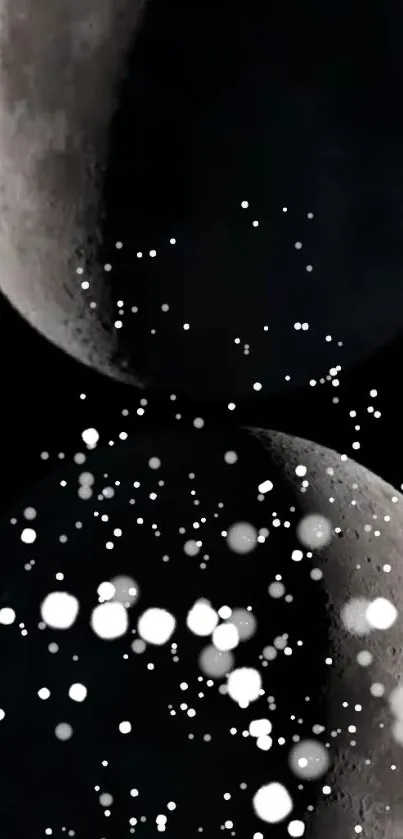 Artistic moon phases with cosmic black background and stars.