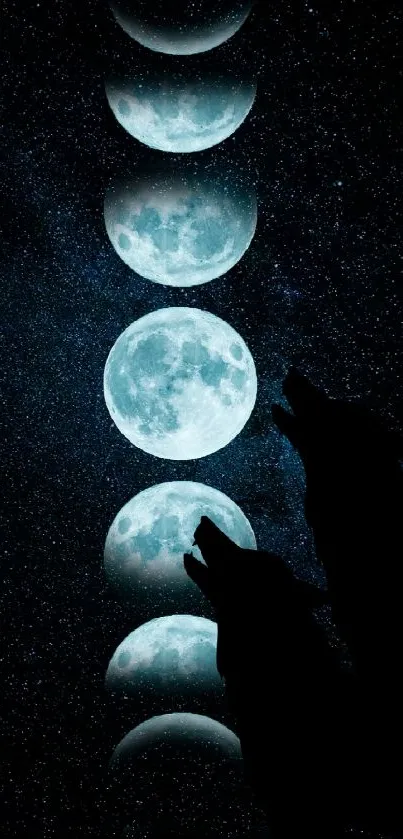 Moon phases with two wolves howling in a starry night sky.