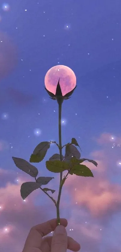 Rose silhouette holding a moon against a purple twilight sky.