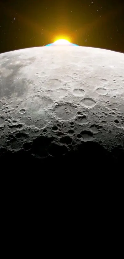 Moon's surface with sunrise glow, craters visible.