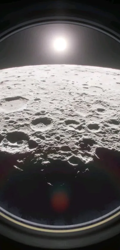 Moon surface with sun shining above, highlighting craters.