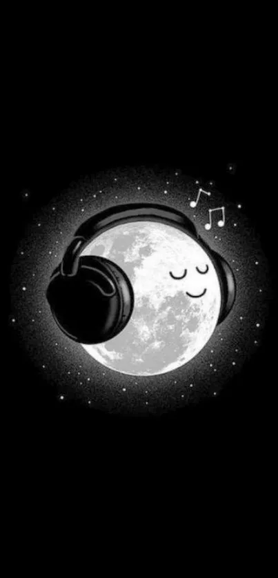 Moon wearing headphones with musical notes on black background.