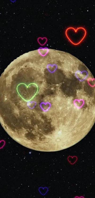 Moon with colorful neon hearts on a starry background wallpaper.