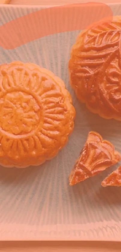 Mooncakes on a blue ceramic plate with wooden table.