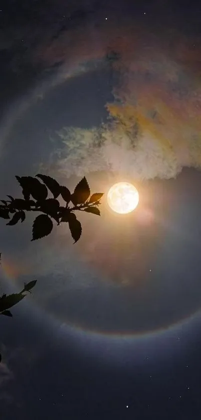 Mobile wallpaper of full moon with halo and silhouetted leaves at night.