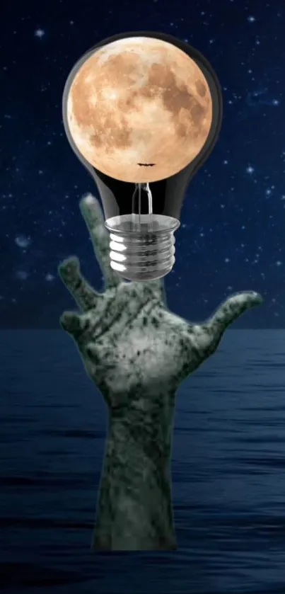 Surreal night scene with a hand reaching for a moon-like light bulb over water.