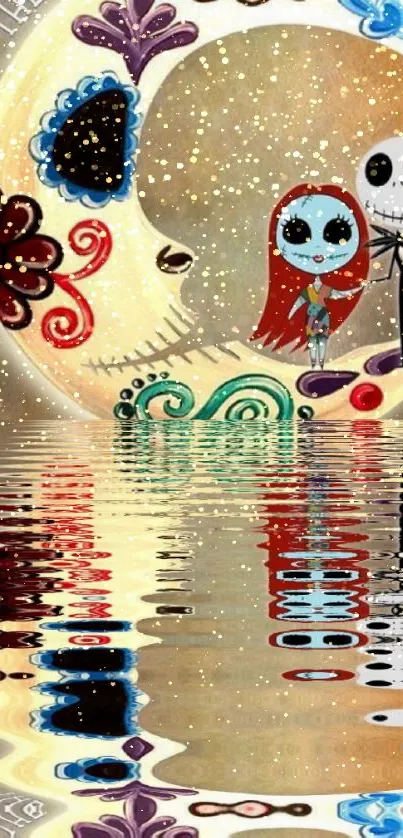 Illustrated moonlit couple with colorful reflections and designs.