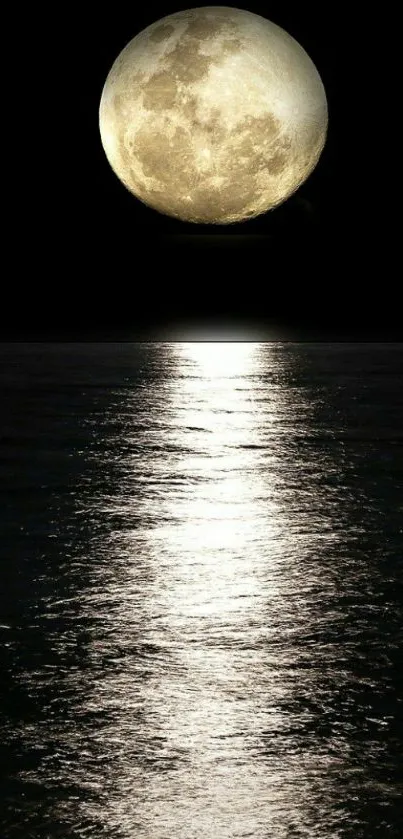 Full moon reflecting on ocean surface at night.