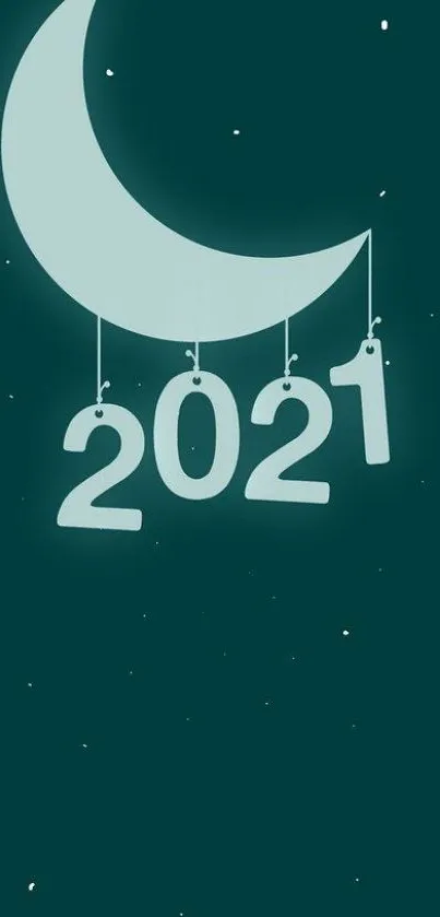 Crescent moon with 2021 in a teal night sky wallpaper.