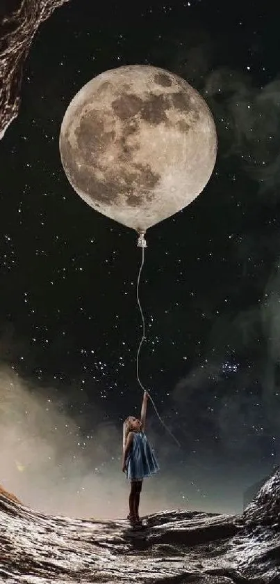 A girl holding a moon balloon against a starry night sky in a mystical cave setting.