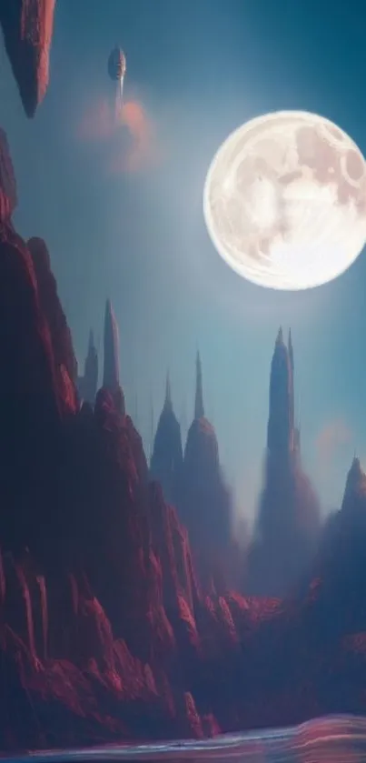 Moonlit alien landscape with towering rocks and two moons.