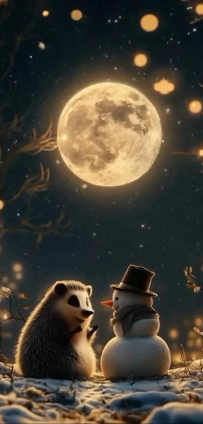 Whimsical scene of a snowman and an animal under a full moon.