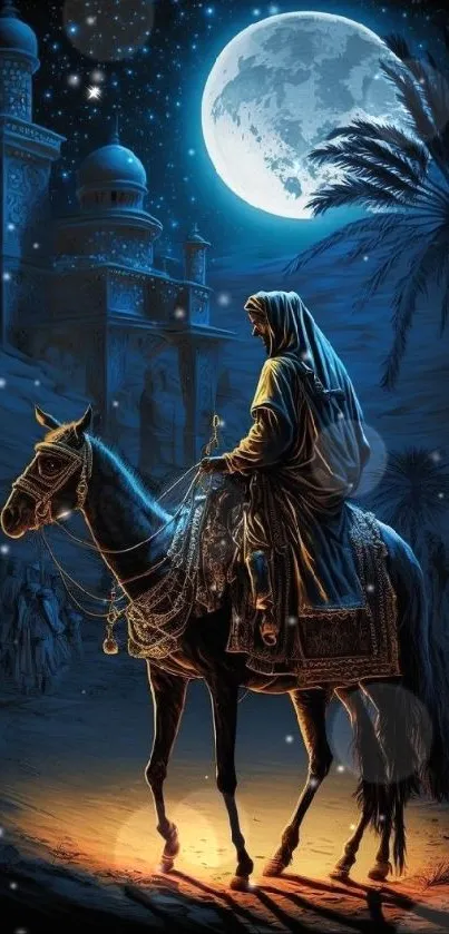 Arabian horseman under a full moon in desert setting with blue hues.