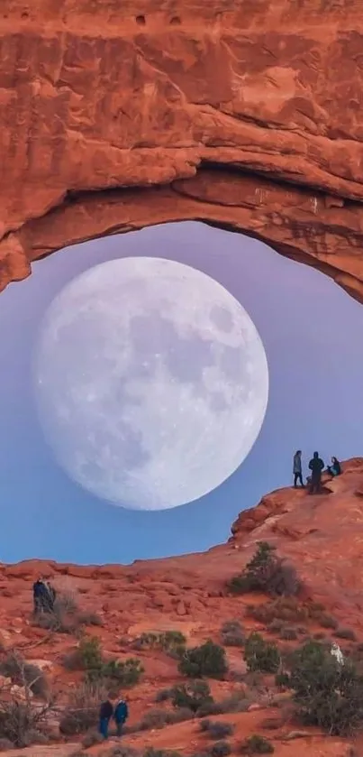 Moonlit archway with red rocks and full moon backdrop creating serenity.