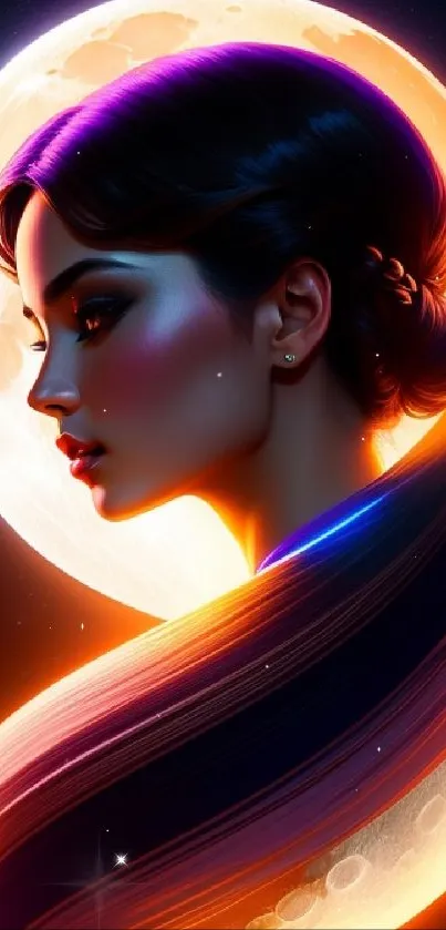 A vibrant digital portrait with a luminous moonlit background for phone wallpaper.