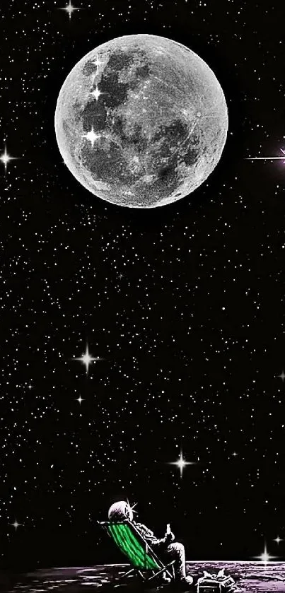 Astronaut under the moon in a starry sky mobile wallpaper.