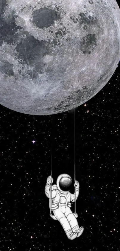 Astronaut swings under the moon in a starry sky wallpaper.