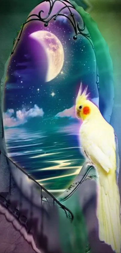 Fantasy wallpaper with cockatiel by moonlit ocean.