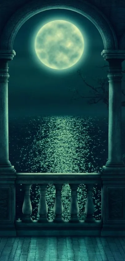 Mystical balcony view under a full moon with teal hues and roses.