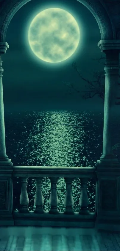 Moonlit balcony with roses overlooking water.