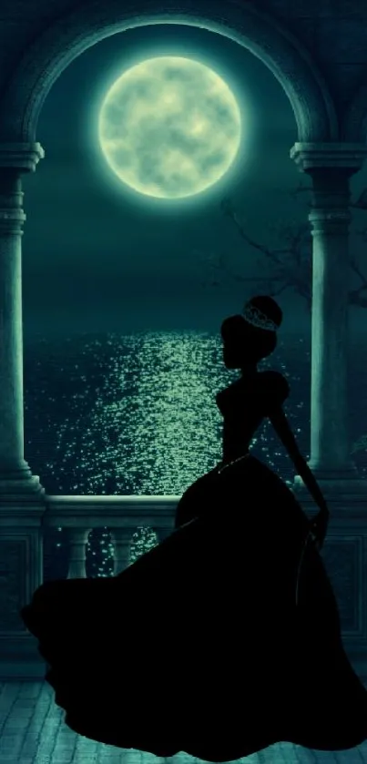 Mysterious silhouette on a moonlit balcony surrounded by roses.