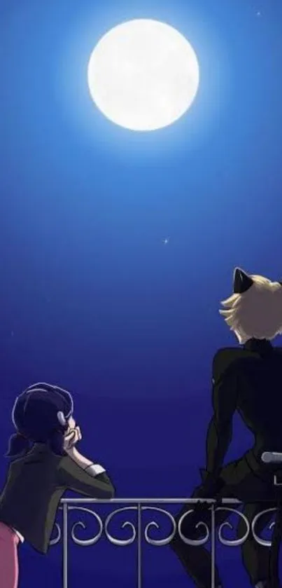 Anime characters on balcony under full moon.