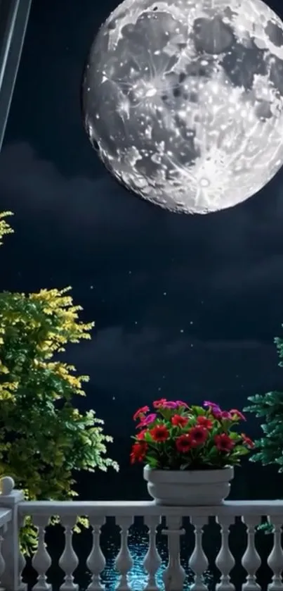 Serene moonlit balcony with flowers and night sky.
