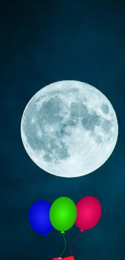 Full moon with colorful balloons in a dark night sky.