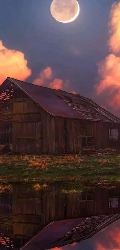 Moonlit barn reflected in water at night with vibrant clouds.