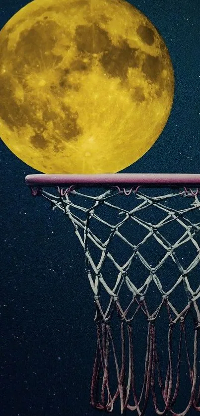 Basketball hoop silhouetted against a full moon in a starry night sky.