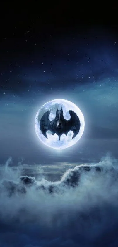 Batman symbol silhouetted against a full moon in a mystical night sky.