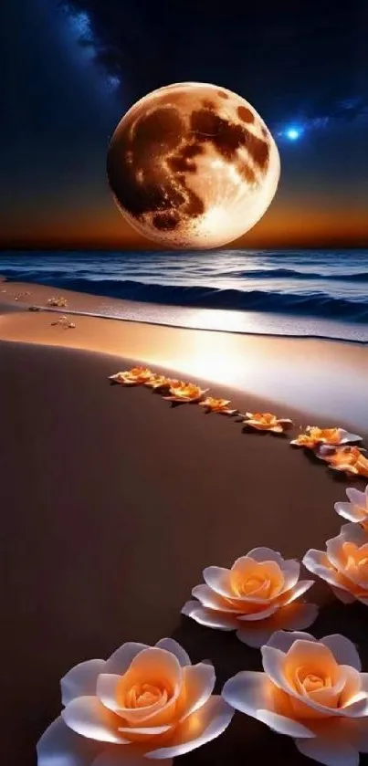 Moonlit beach with glowing orange flowers and a large full moon in the night sky.