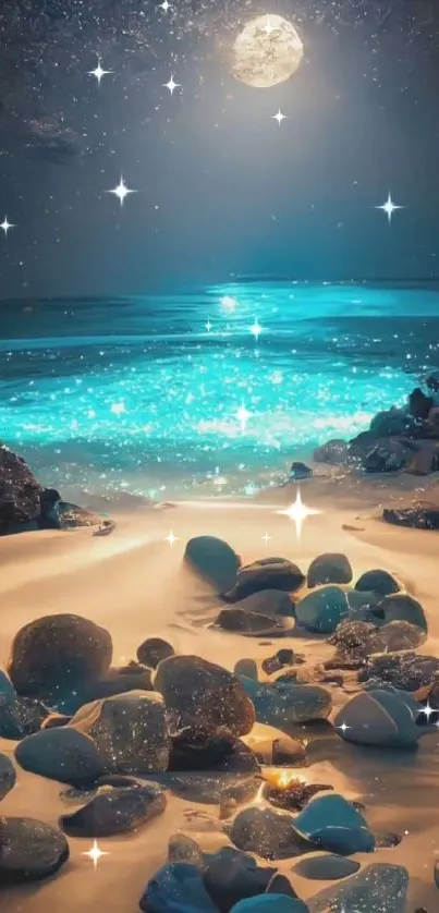 Moonlit beach with sparkling ocean waves and a starry night sky.