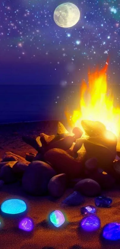 Moonlit beach campfire with colorful stones.