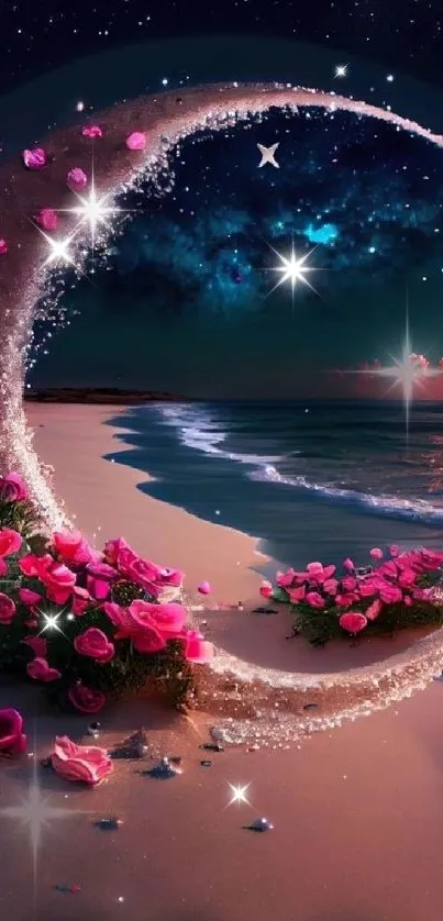 Crescent moon with roses on a dreamy, starry beach at night.