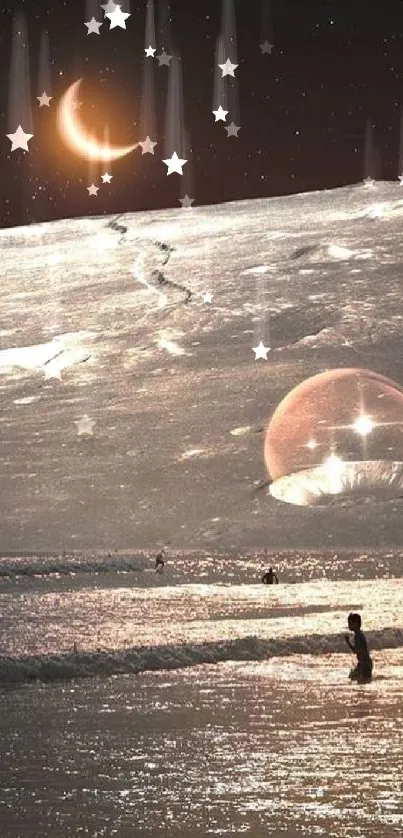 Dreamy beach with moon and bubble under a starry sky.